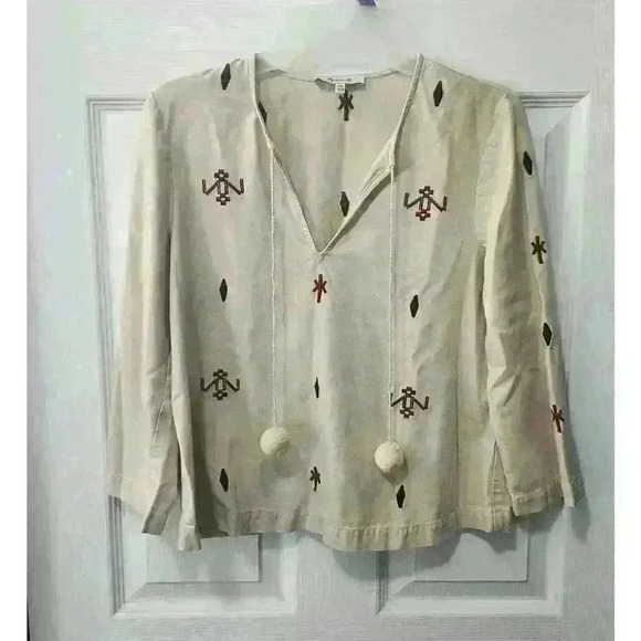 Madewell Beige Silk Red Embroidered Aztec Print Tassel Poms Top. Size XXS - Picture 4 of 13